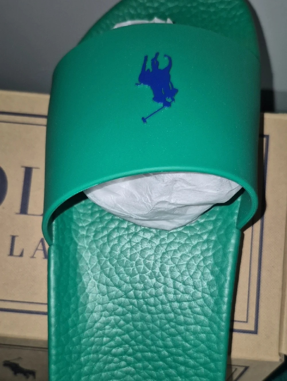 Polo by Ralph Lauren Green Slide Sandals with Blue Logo